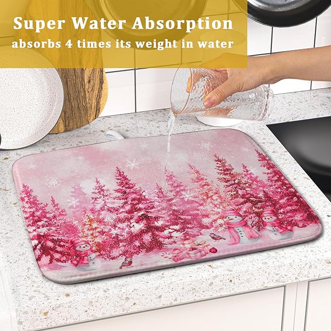 Pink Winter Dish Drying Mat Forest Washable Drying Matt Kitchen Counter Absorbent Coffee Mat for Women