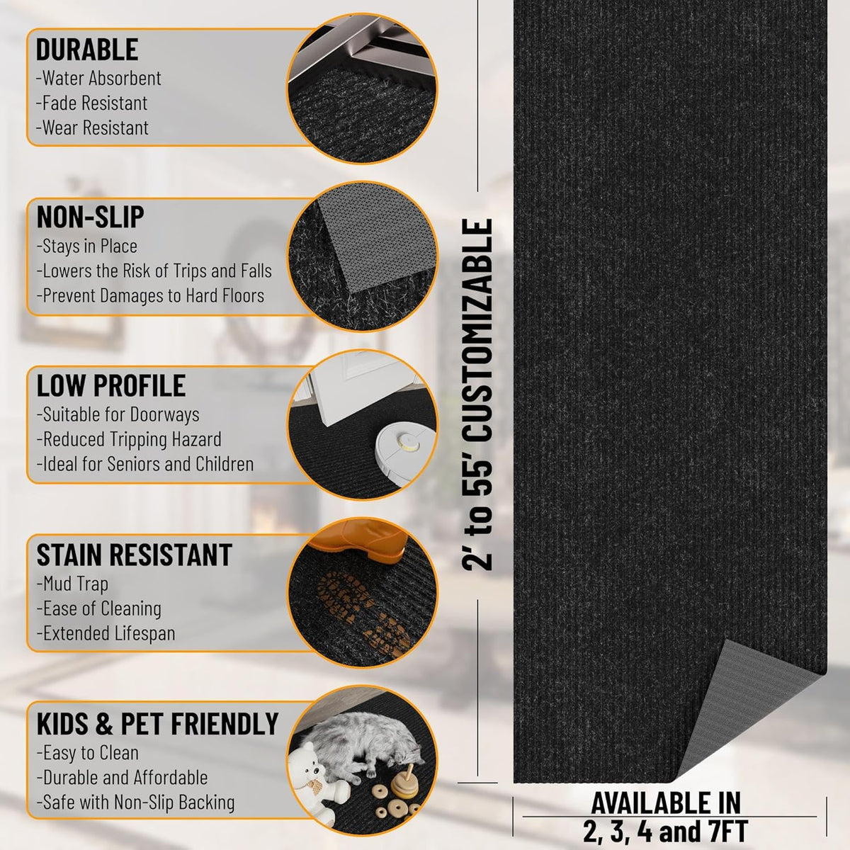 Ottomanson 6'6" x 10' Mud Mat Area Rug Scraper Carpet - Non-Slip, Dirt Trapping for Indoor & Outdoor Use - Ideal for Entryway, Garage, Kitchen, Patio & High-Traffic Areas, Black