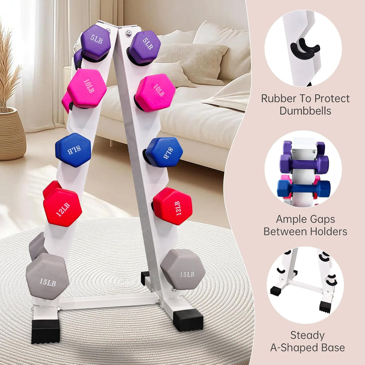 6-10 Pair Iron and Rubber Dumbbell Set 350/450 and 550 lbs 5-50 lbs Hand Free Weight for Strength Hex Coated Weights with Vertical Storage Rack Home Gym 5-50 lb - Black