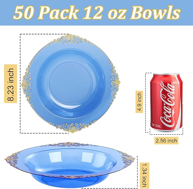 Nervure 50PCS Blue Plastic Bowls with Gold Rim - 12oz Disposable Soup Bowls, Heavy Duty Salad Dessert Bowl Perfect For Weddings, Father's Day and Everyday Use