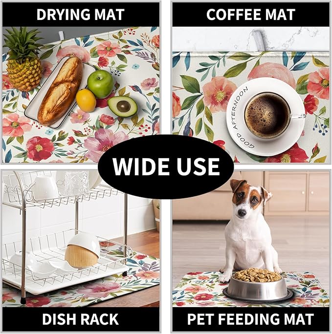 Floral Dish Drying Mat for Kitchen Counter Absorbent Microfiber Dishes Drying Pad Cute Flowers Dish Drainer Rack Mats Washable Coffee Sink Mat 16x18 Inch