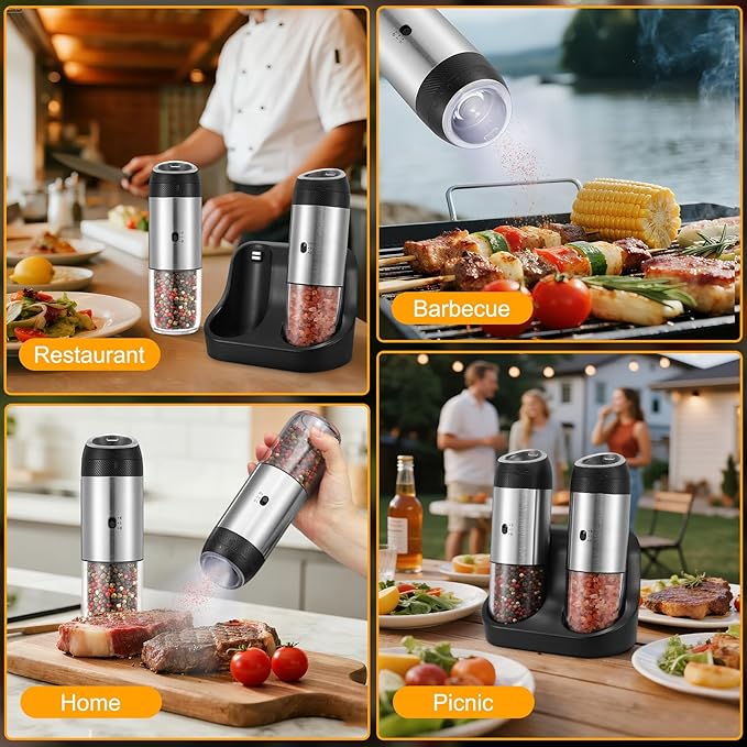 Rechargeable Gravity Electric Salt Grinder Set with Variable Grinding Speed, External Adjustable Coarseness,Charging Base and White LED Light,Stainless Steel