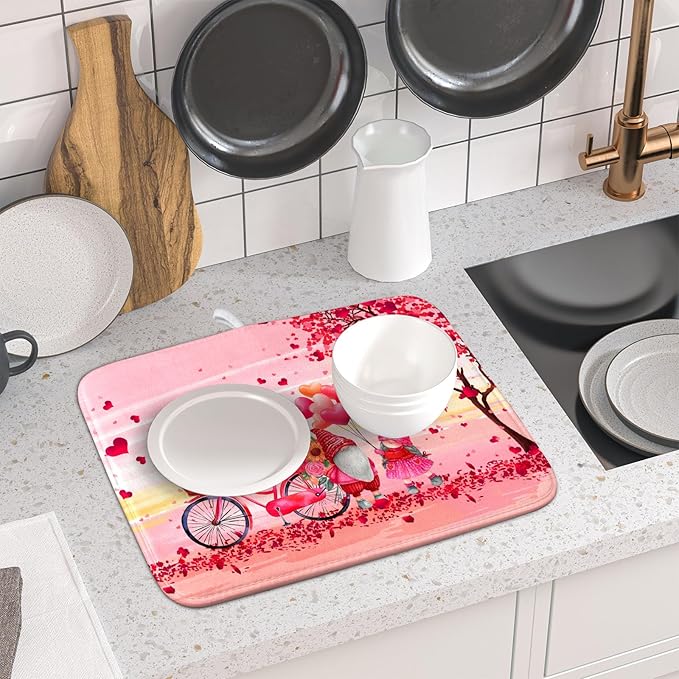 Pink Heart Valentine's Day Gnomes Dish Drying Mat for Kitchen Counter,Pink Bicycle Love Tree Drying Mat 16 x 18 Inch with Absorbent Reversible Microfiber Dish Drying Pad Dish Rack Pad for Coffee Bar