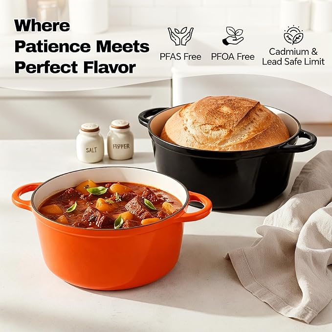 4.5 Quart Dutch Oven Pot with Lid, Non Stick Enameled Cast Iron Dutch Oven for Bread Baking,Heavy-Duty, Oven Safe Ceramic Cookware Up to 500°F for Baking, Braising, Stews, Roasting, Black