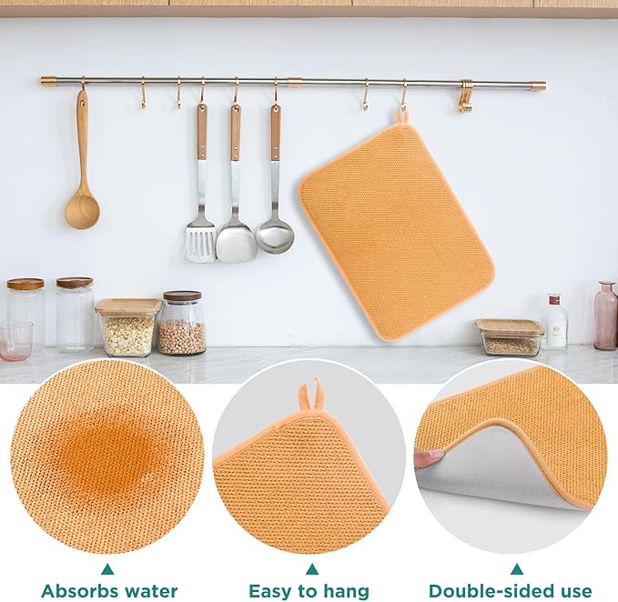 GeeRic Microfiber Dish Drying Mat, Super Absorbent Kitchen Dish Drying Pad for Mother's Day, Reversible Gift Mats for Countertop, 12*16 inch Yellow-Orange