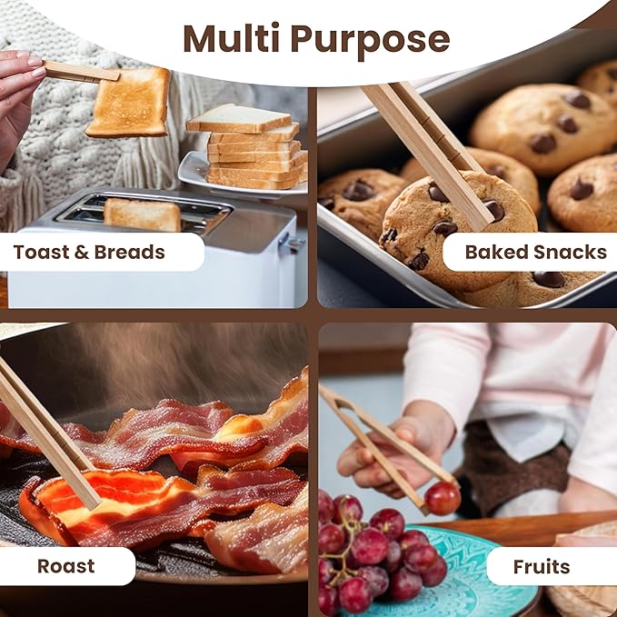 Wooden Toaster Tongs 2 PCs | Bamboo Kitchen Utensils For Cooking & Holding Toast Bacon Muffin Fruits, Pickles, Cheese Bagel Bread Ultra Grip | 9 Inch Long Natural Toxic Free