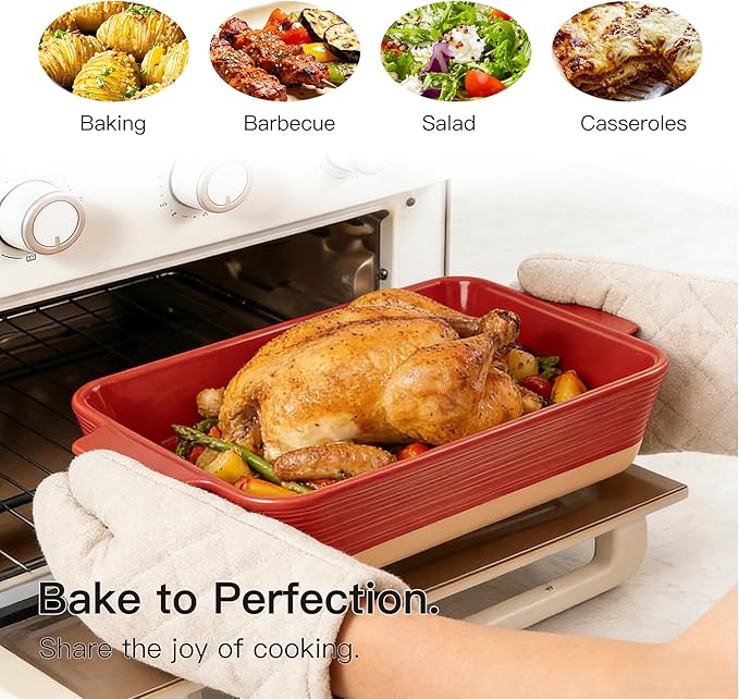 Dafuceramic Casserole Dish for Oven, 4.2 QT Baking Dish, 9x13 Large Porcelain Baking Pan, Durable Rectangular Lasagna Pan Deep with Handles, Microwave Oven Safe, Home Decor, Wedding Gift,(Khaki & Red)
