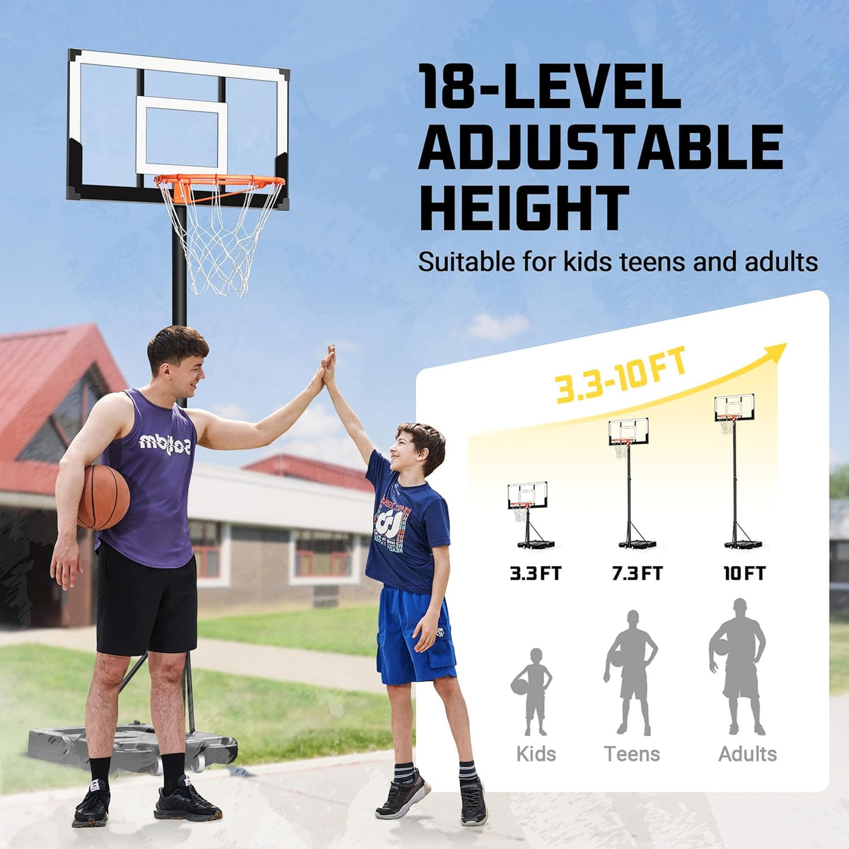 Aimking Basketball Hoop Outdoor 3.3-10FT 5s-Rapid-Adjustable, 40/44 inch Shatterproof Backboard & Enlarged Base, Portable Basketball Hoop & Goal for Kids/Adults/Families in Poolside/Backyard/Indoor