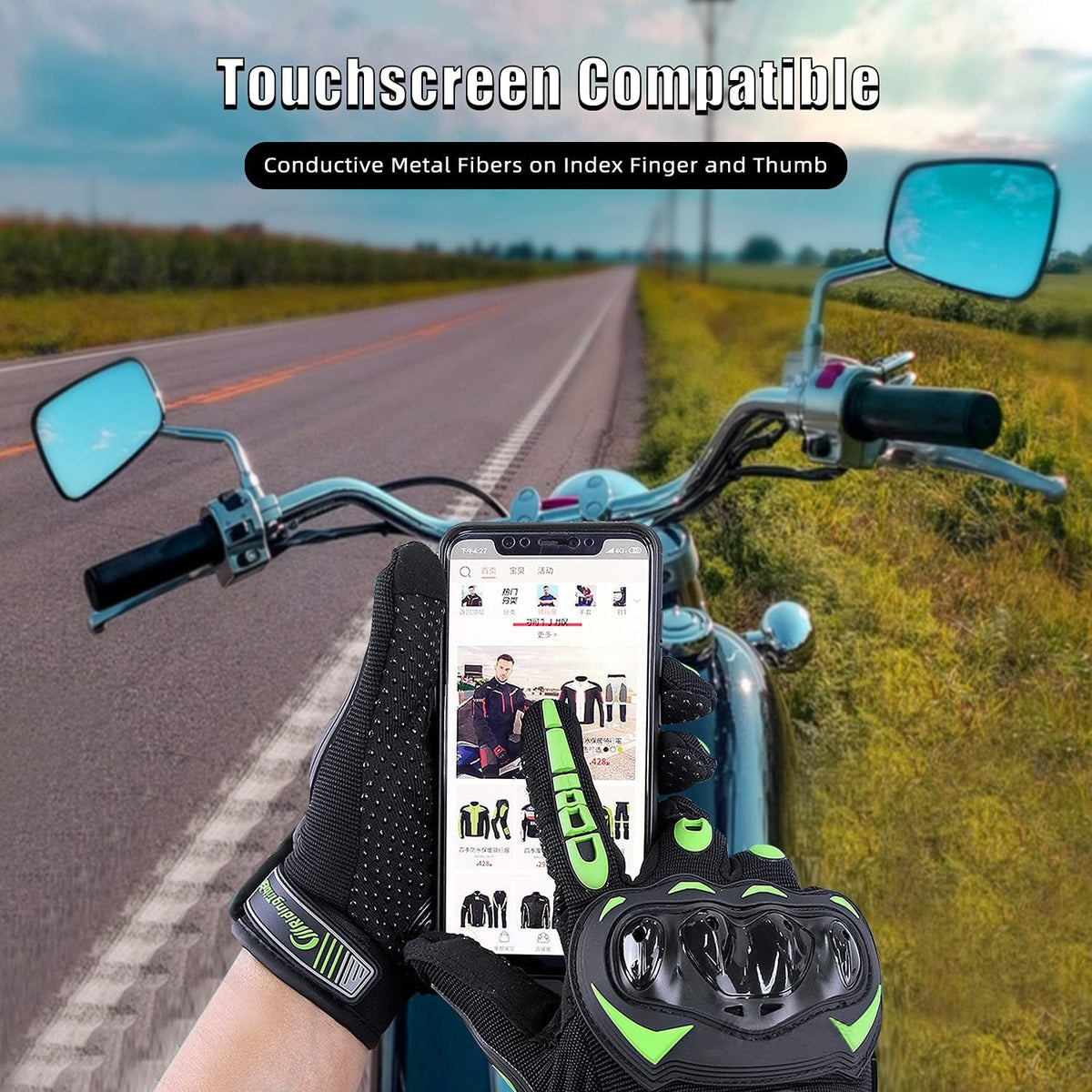 Motorcycle Gloves for Men and Women Full Finger Touchscreen Mountain Dirt Bike Gloves for Powersports BMX ATV MTB Driving Motocross Cycling Gloves(M, Green)