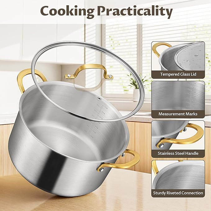 BEZIA 12 Quart 3-Ply Stainless Steel Stockpot, Soup Pot with Lid in Fully Clad Tri-Ply Stainless Steel, Even Heat Distribution, Cooking Pot with Handles, All Cooktops Compatible, Perfect for Stew