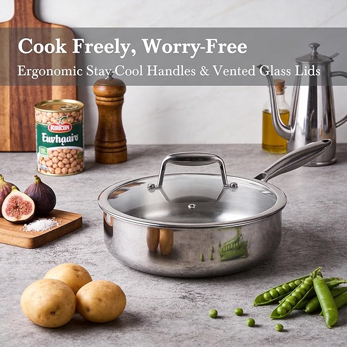 Stainless Steel Cookware Set - VONIKI Tri-ply Stainless Pots And Pans Set with Steamer Basket, Non Toxic Induction Cookware, Kitchen Cookware Sets PFOA & PTFE Free, Dishwasher and Oven Safe