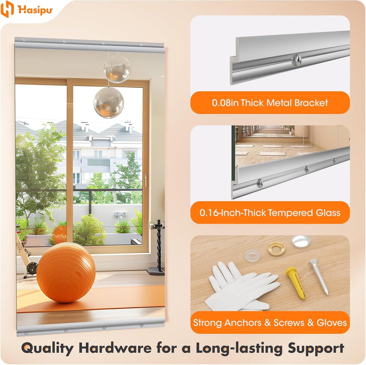 Hasipu Home Gym Mirror 55" L x 21" W - 3PCS Large Full Body Mirror for Yoga, Wall-Mounted Mirrors for Fitness, Garage, Dance Studio, 0.16in Tempered Glass Frameless