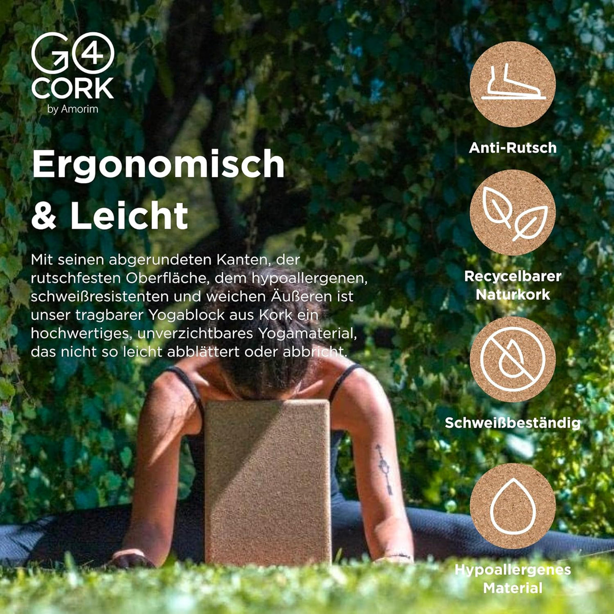 Go4Cork Cork Yoga Block for Yoga, Pilates & Meditation | Non-Slip, Hypoallergenic, Sustainable, Non-Toxic Yoga Block