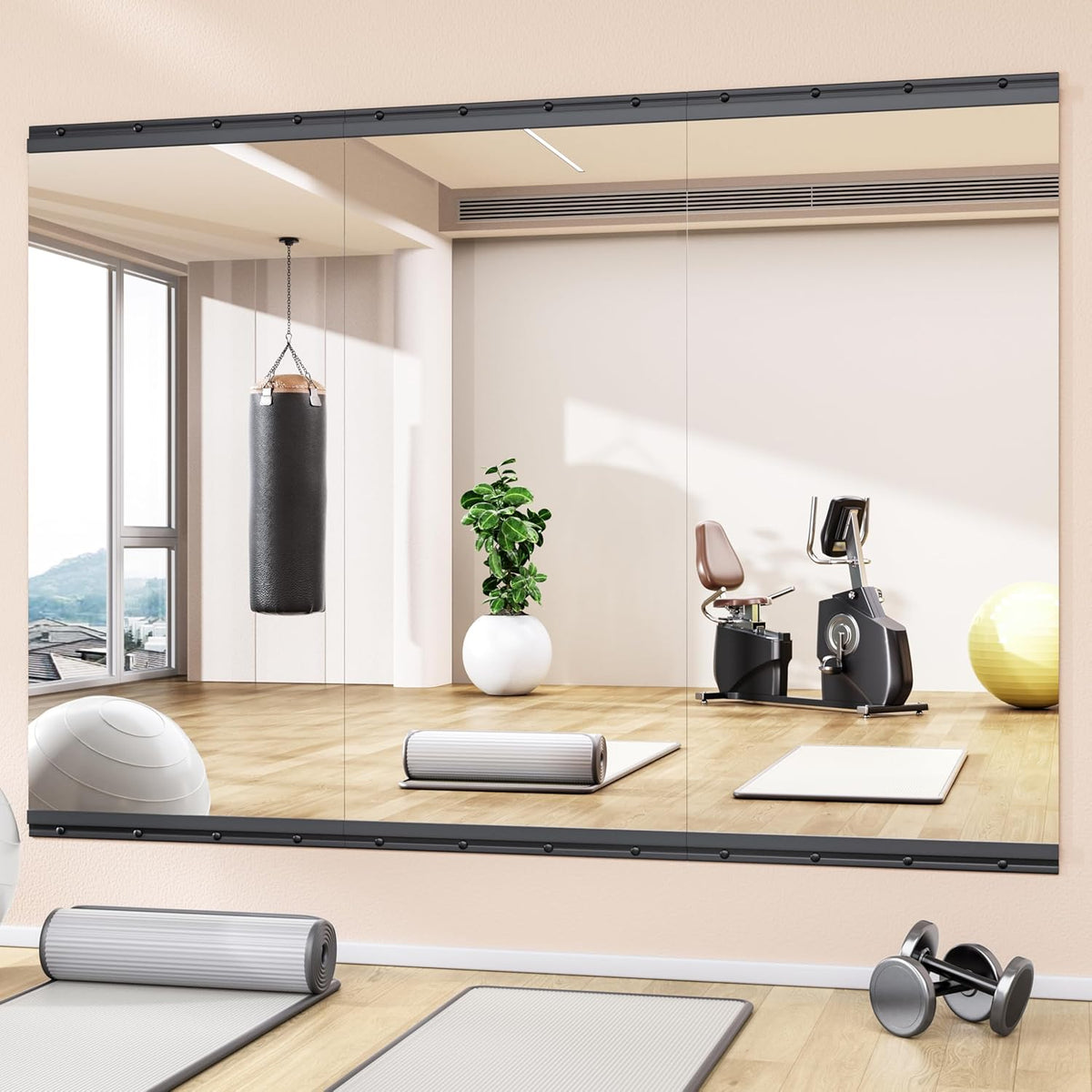 Hasipu 3 Pcs 48''x24'' Home Gym Mirror Large Full Length Wall Mounted Full Body Mirror for Yoga Dance Fitness Exercise Studio Bedroom Garage, Frameless Tempered Glass Workout Mirrors Black Rectangular