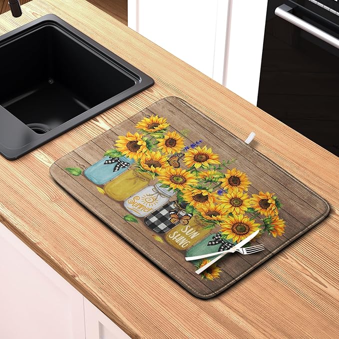 Sunflower Dish Drying Mat for Kitchen 18x24 Inch Counter Rustic Vintage Floral Vases Wood Grain Drying Mats Microfiber Absorbent Dishes Drying Pad Spring Summer Flowers Dish Drainer Rack Mat