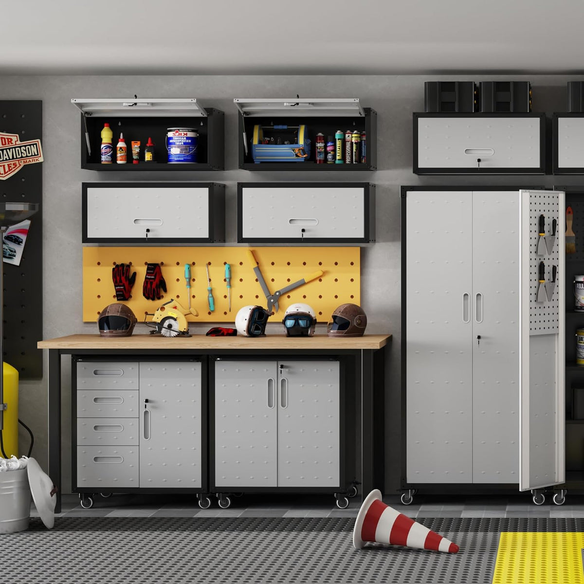 Metal Tool Cabinet,Garage Storage Cabinet System,Wall Cabinet & Locking Rolling Tool Cabinet with Doors and Adjustable Shelves,Steel Tool Cabinets for Home,Office (2 Pcs-StyleAA, Black & Grey)