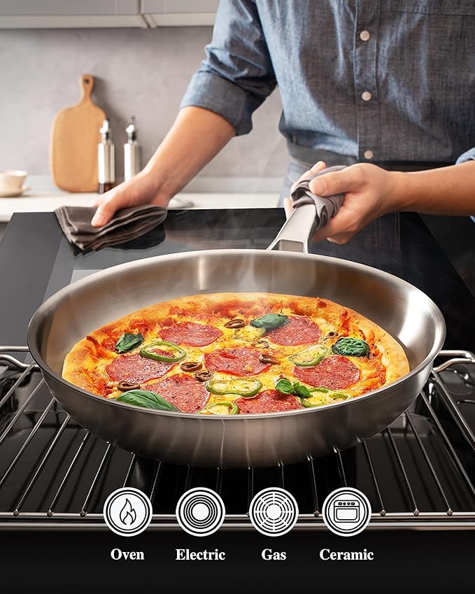Stainless Steel Pans, Stainless Steel Cookware Set, 8/10/12 Inch with Lid, PFOA & PTFE Free Skillets, Non Toxic Chef's Pan Set, Frying Pans for Cooking, Oven & Dishwasher Safe, Induction Compatible