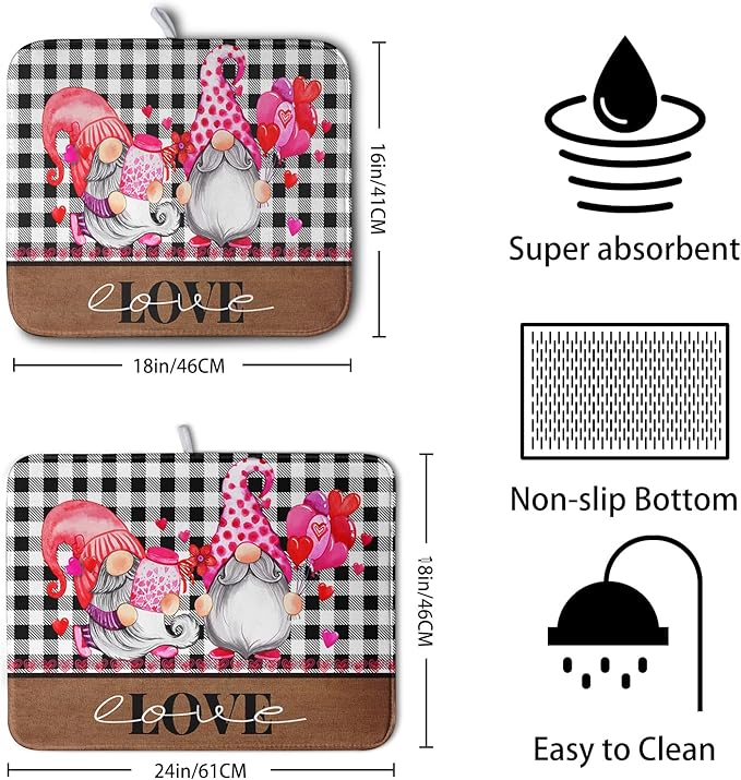 Valentine's Day Dish Drying Mats for Kitchen Counter, Gnome Love Kitchen Drying Mat, Buffalo Plaid Dish Drainer Mat Absorbent Quick Dry Dishes Pad 16 x 18 In - Farmhouse Decor Valentines Gift