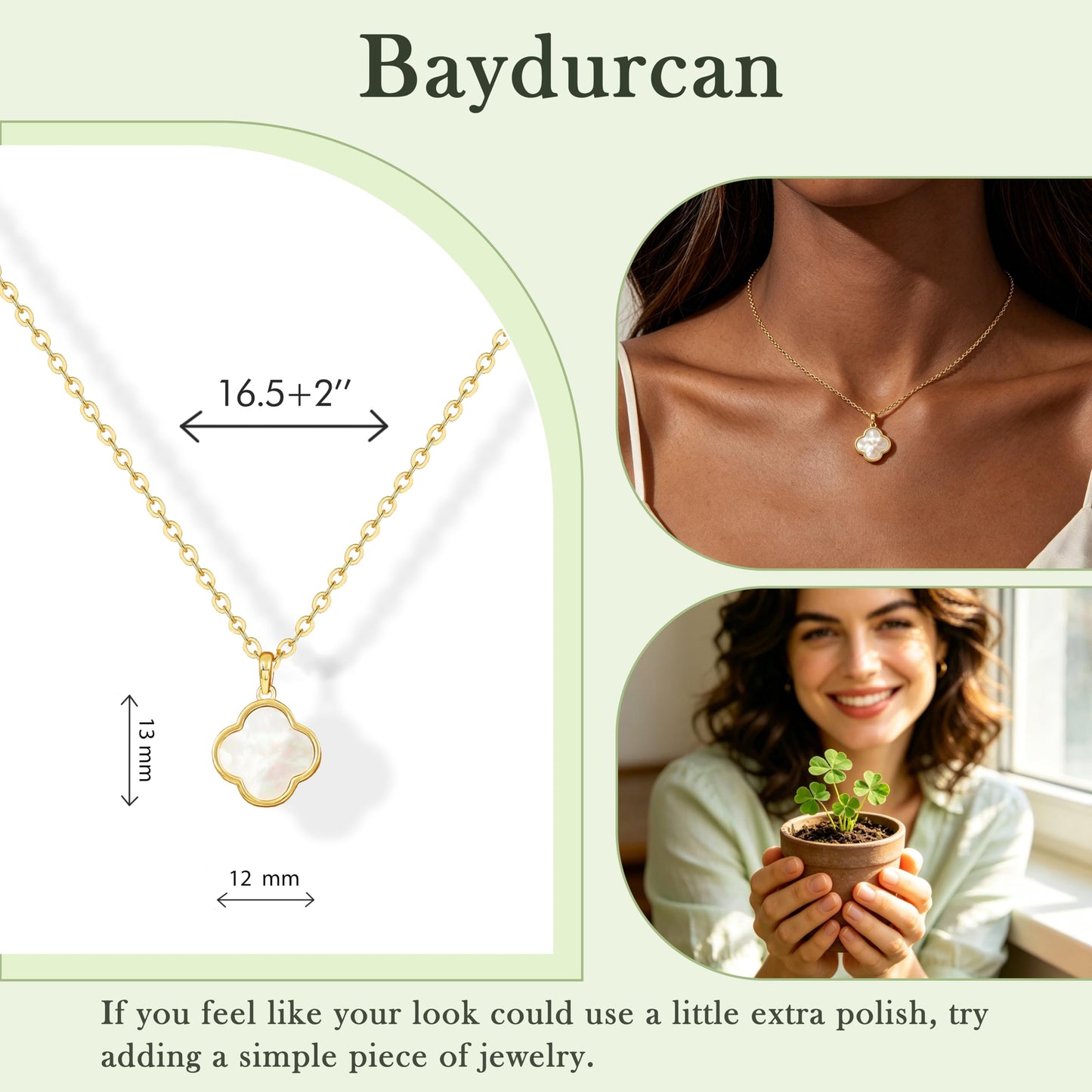 Baydurcan Four Leaf Clover Necklace for Women, Natural White Shell Pendant Golden Clover Necklace, Irish Good Luck Charm Jewelry Thoughtful Birthday Christmas Gift for Her