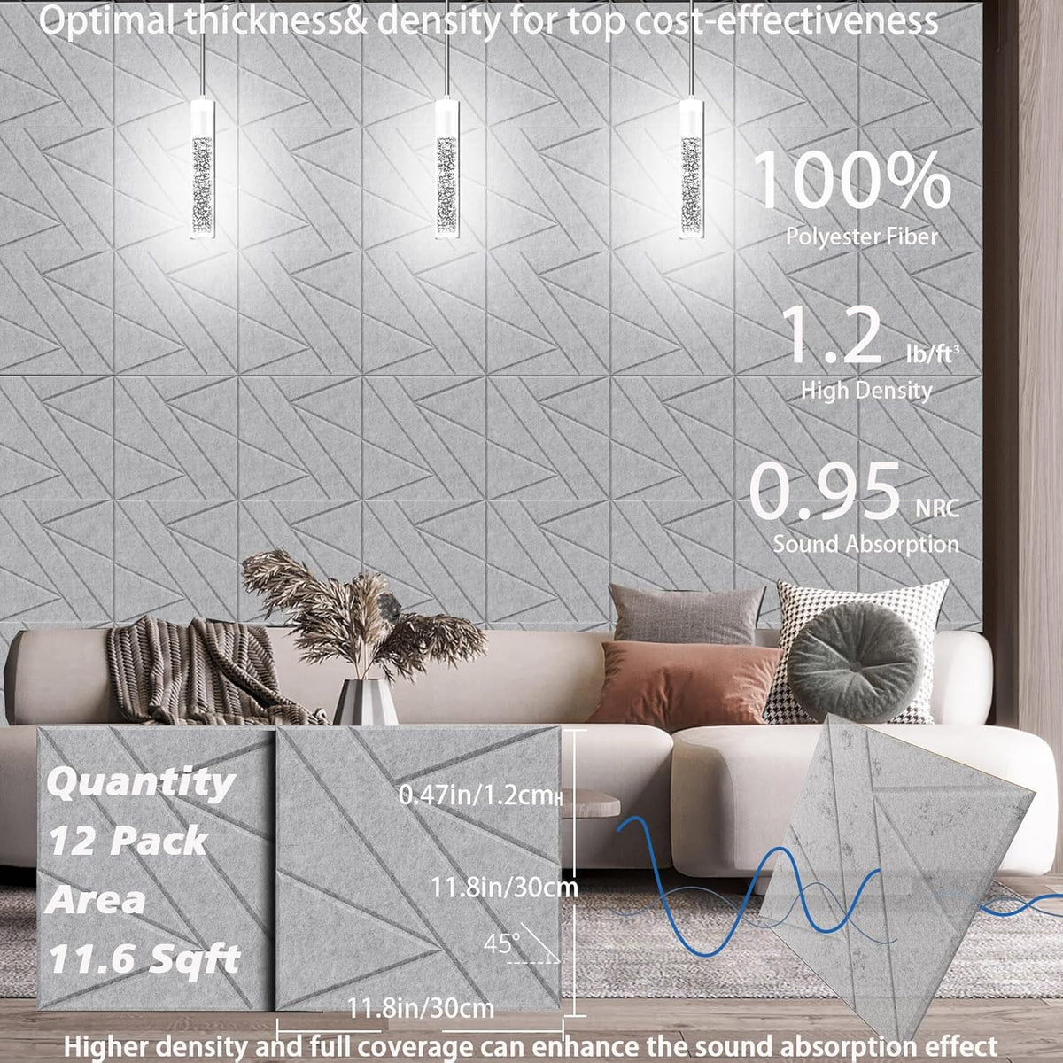 12 Pack Self-Adhesive Soundproof Wall Panels, 12 x 12 x 0.47 In Sound Proof Foam Panels for Walls, 1.2lb/ft³ High Density, Thicker 0.47in, Acoustic Panels, Noise Dampening Panels Studio Gray