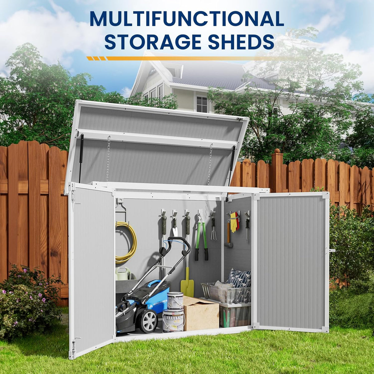 Amopatio 41 Cu Ft Horizontal Outdoor Storage Shed, Resin Trash Can Storage,Resin Shed for Garden Tools, Lawn Mowers, Garbage Cans, Patio Use, Grey