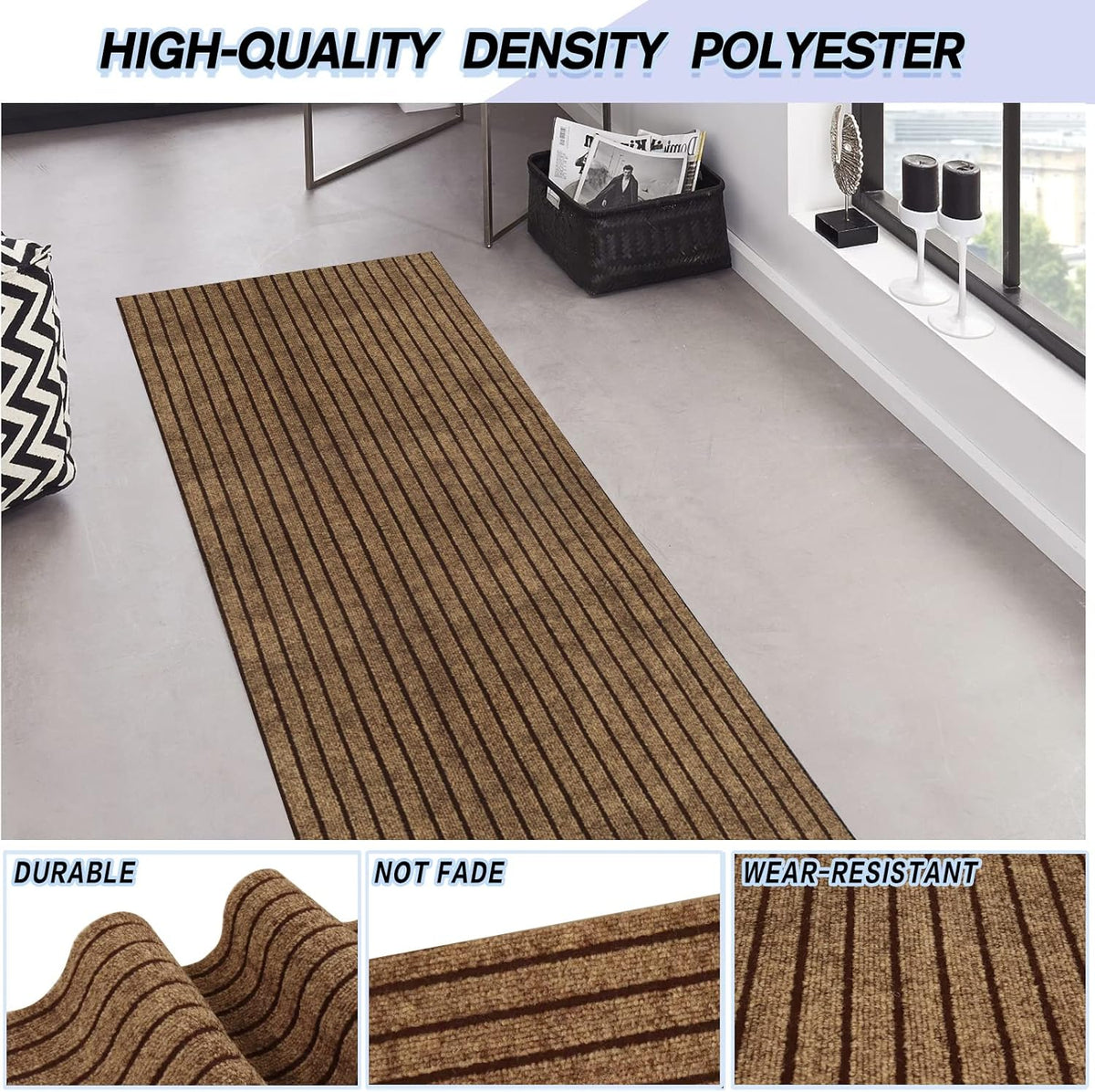Custom Size Backed Non-Slip Area Rugs Runner, Easy Clean, Waterproof Runner Rugs for Hallway Entryway, Kitchen, Laundry, 2FT x 75FT, Brown Stripe