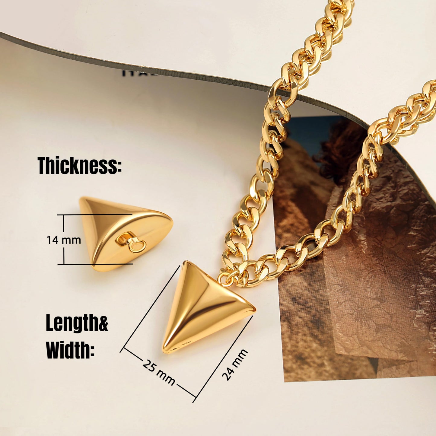PEARLADA Chunky Gold Plated Triangle Pendant Necklace, Statement Large Shark Tooth Necklace, Adjustable Cuban Chain Geometric Jewelry