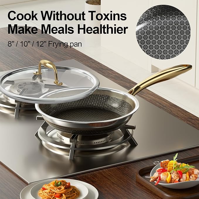 FogDream 12 Inch Stainless Steel Frying Pan with Lid, Honeycomb Hybrid Nonstick Skillet for Induction & All Cooktops, PFAS/PFOA/PTFE Free, Oven Safe to 500°F, Stay-Cool Handle, Dishwasher Safe, Gold