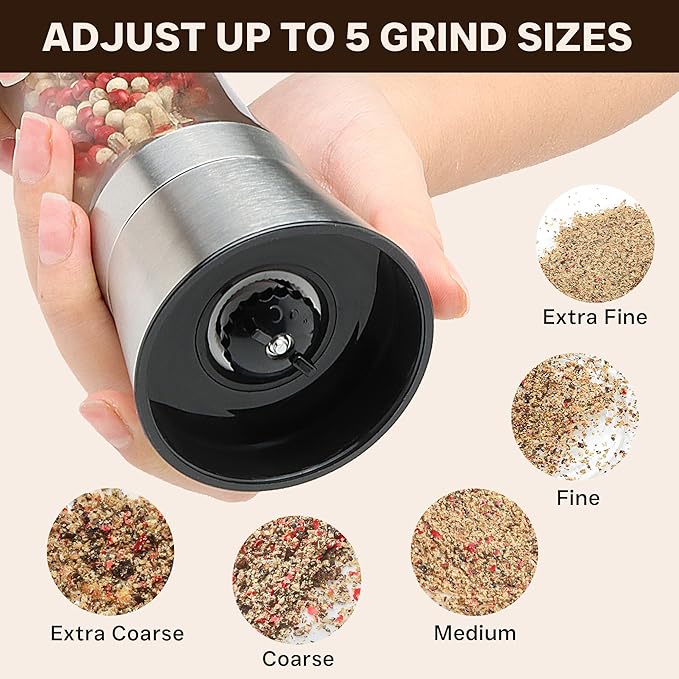 Stainless Steel Salt and Pepper Grinder Set of 2 - Pepper Mill & Salt Mill with Adjustable Coarseness - Glass Spice Shakers - Easy Clean Ceramic Grinders W/Funnel (2.6"W x 5.3"H)