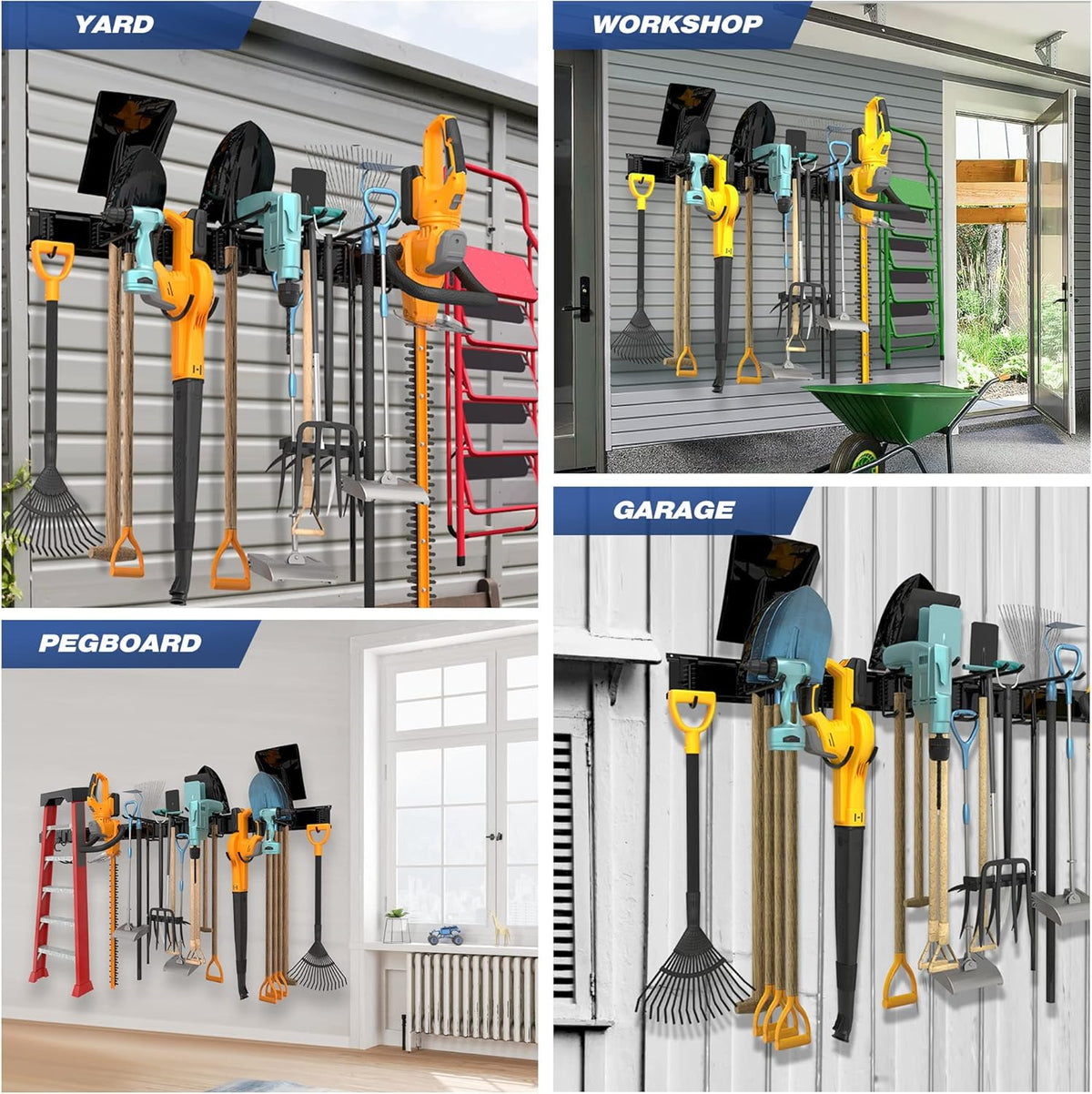 Garage Tool Storage Rack, Heavy Duty Garage Storage Organizer Rack System Wall Mounted Tool with 12 double hooks, 4 rails Garden Tool Rack
