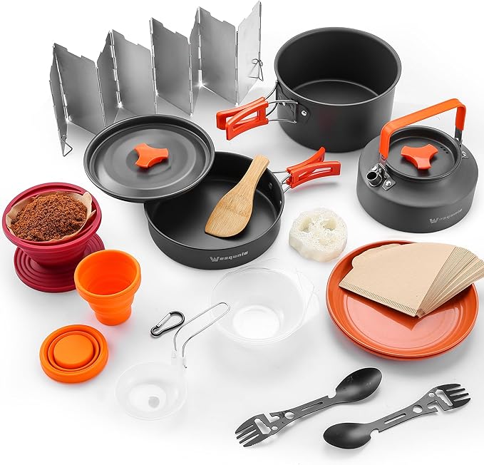 Camping Cooking Cookware Mess Kit - Non-Stick Lightweight Pot Pan Kettle Set with Collapsible Pour Over Coffee Dripper, Outdoor Kitchen Cook Essentials Gear for Camping Hiking Picnic