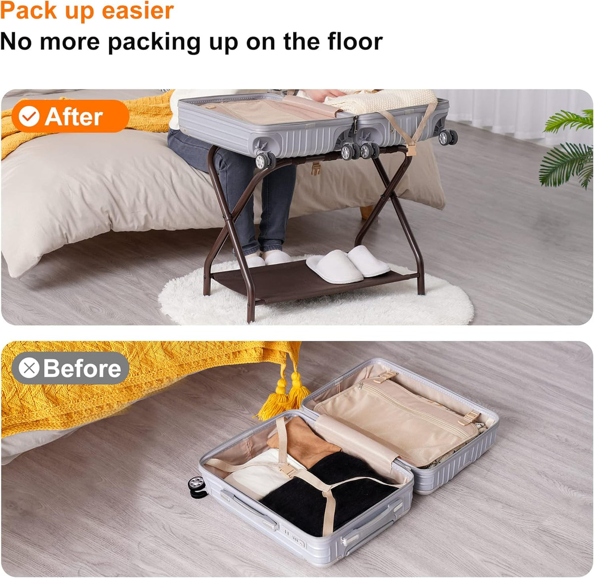Heybly Luggage Rack, Pack of 2, Steel Folding Suitcase Stand with Storage Shelf for Bedroom, Hotel, Foldable Steel Frame, Guest Room Bedroom Hotel, 26.2" L x 14.4" W x 20.5" H, Brown HLR004Z2