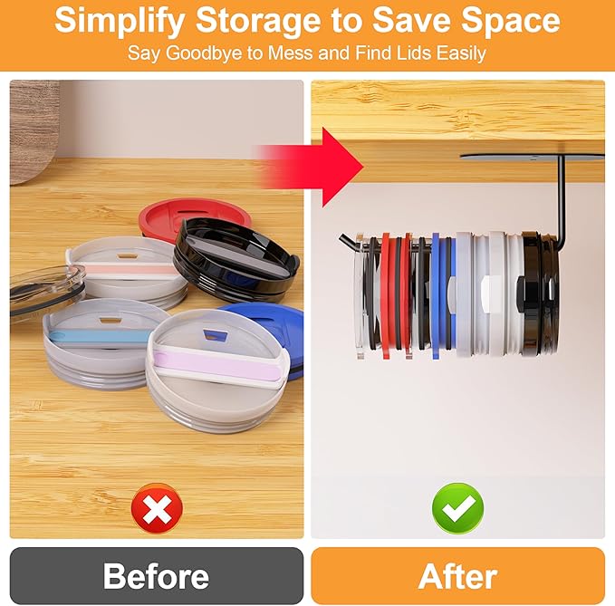 4 Pack Tumbler Lid Organizer, Space Saving Cup Lid Organizer for Yeti/Stanley/Simple Modern Tumbler Lids, Self-Adhesive or Drilling Tumbler Lid Hook for Kitchen Organizers and Storage
