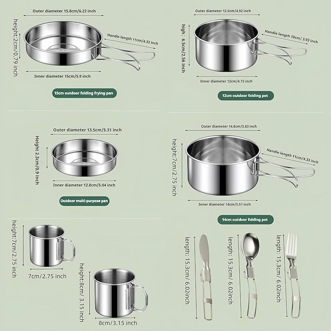 Camping Cookware Mess Kit Set 304 Stainless Steel 12-Piece Lightweight Backpacking Cooking Set Outdoor Cook Gear for Family Hiking, Picnic(Pot, Frying Pan, Bowl, Plate, Spoon, Fork)