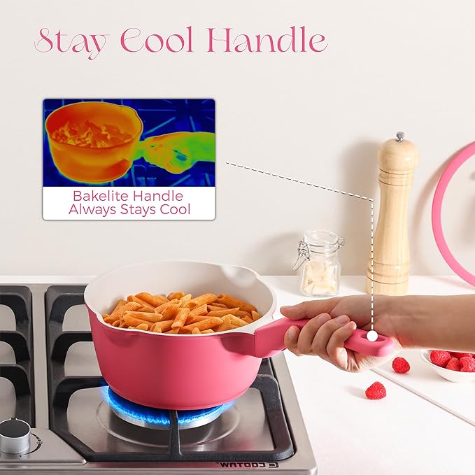 PRICUSIS Ceramic Nonstick Saucepan with Lid, 2 Quart Non Toxic Pot with Pour Spouts, Full Coated, 100% Dishwasher Safe, Induction Compatible & Oven Safe, PTFE PFAS & PFOA Free, Raspberry Red