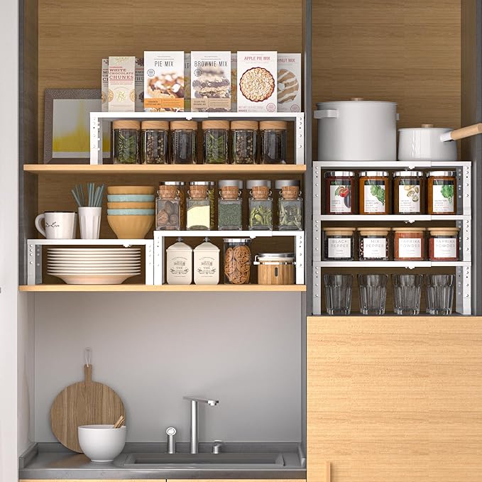 Expandable,Adjustable & Stackable Spice Rack, Cabinet Kitchen Countertop Shelf Organizer,Metal Pantry Storage Shelves - Space-Saving Storage Solution(1Pack/White/Medium)