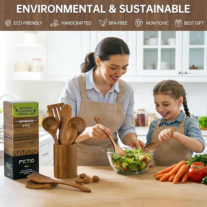 Wooden Utensil Set 8 Pcs - Natural Non-Toxic Acacia Wooden Spoons for Cooking, Nonstick, Sturdy, Non-Scratch, Easy to Clean, Wood Kitchen Utensils Set with Holder, Spoon Rest & 6 Hooks