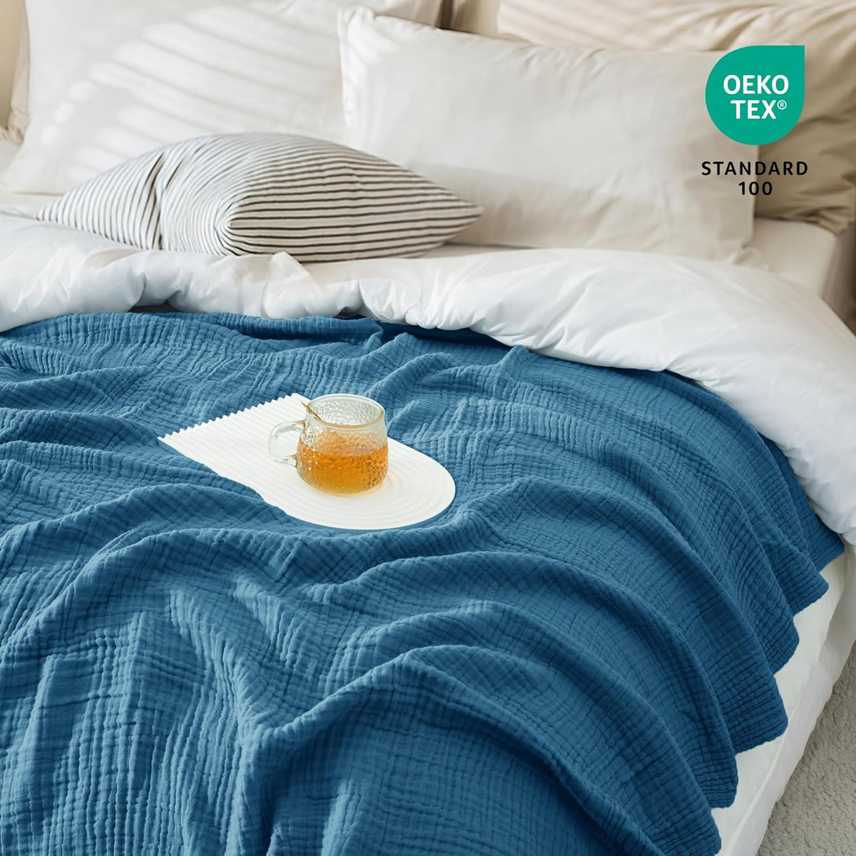 Carriediosa 100% Cotton Muslin Throw Blanket 90" X 90" Queen Size，4-Layers Summer Gauze Throws for Bed Couch，Soft Lightweight Breathable Linen Blankets Bedspread for Adults All Season，Dusty Blue