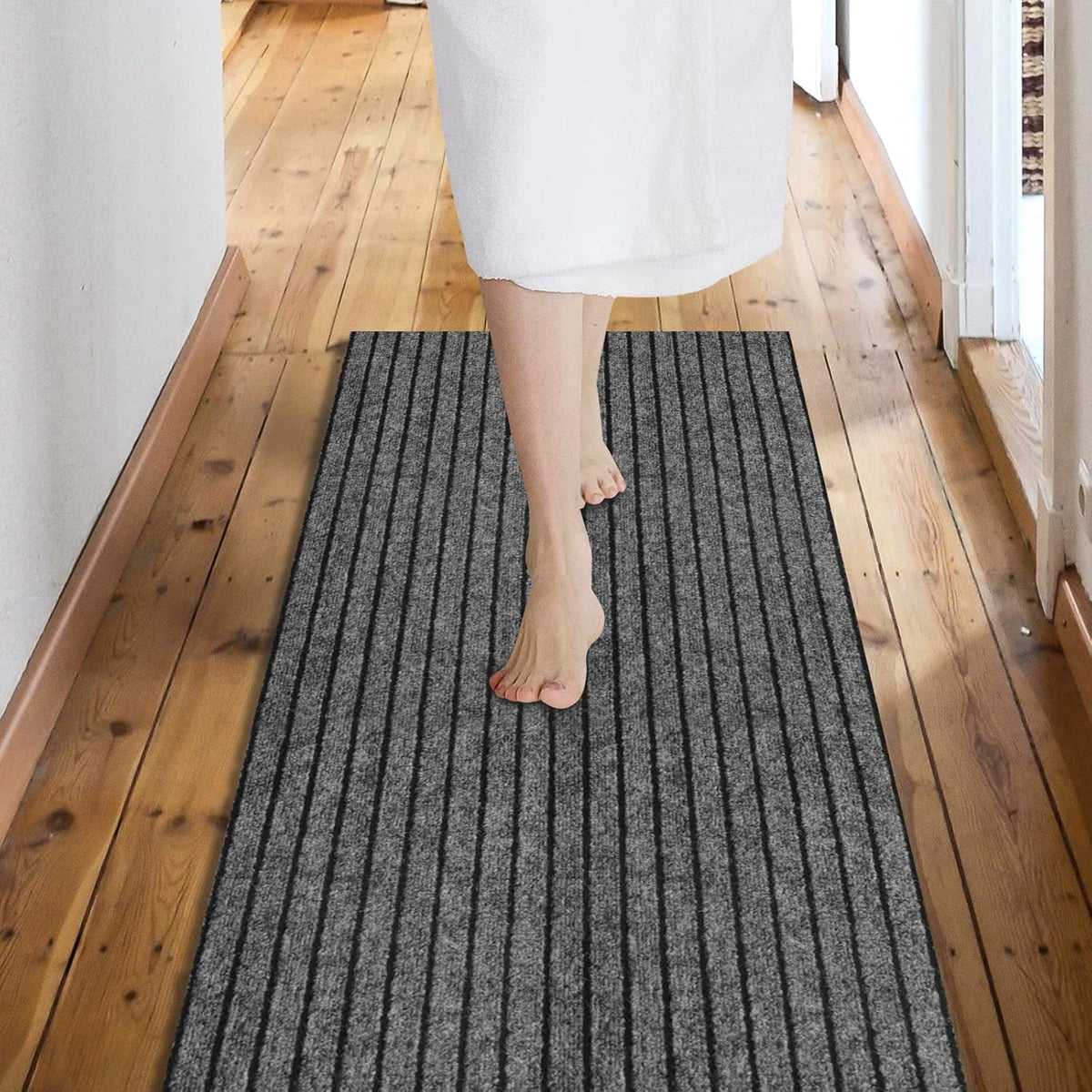 Custom Size Backed Non-Slip Area Rugs Runner, Easy Clean, Waterproof Runner Rugs for Hallway Entryway, Kitchen, Laundry, 4FT x 44FT, Gray Stripe