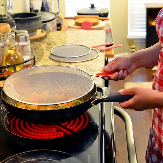 Grease Splatter Screens Guards Shields Frying Pan Pot Cooking Oil Cover Skillet Lid - Stainless Steel Mesh Blue Handle Set of 3: 8", 9.5", 11"