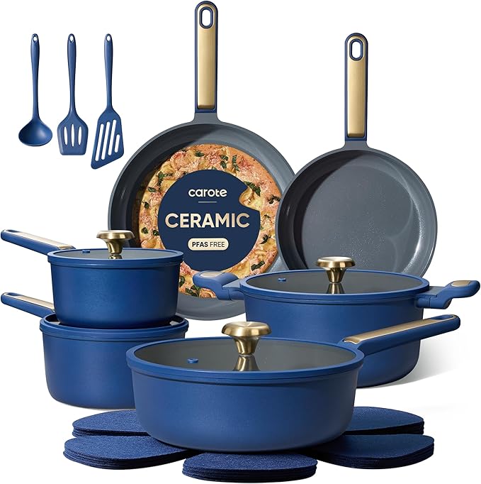 CAROTE Ceramic Cookwar Set, Pots and Pan Set Non Stick 18 Piece, Cookware Set Kitchen Cooking Set Non Toxic, PFAS PTFE Free, Blue
