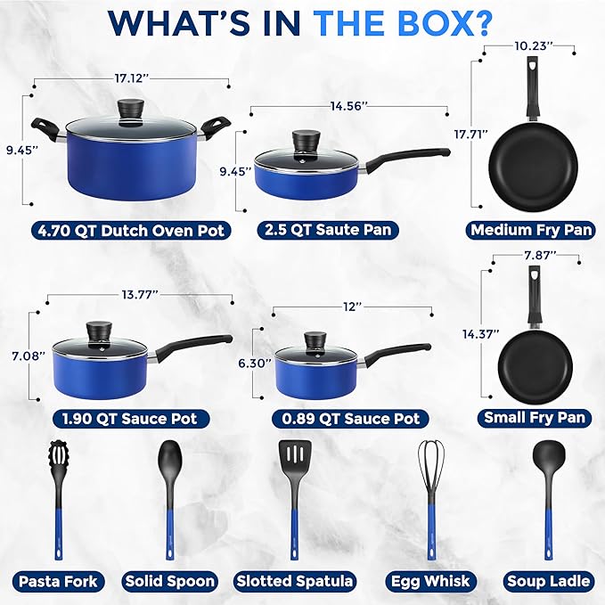 SereneLife 15-Pc Blue Nonstick Cookware Set, Heat-Resistant Pots & Pans Set with Lids, Dishwasher Safe, Includes Matching Utensils