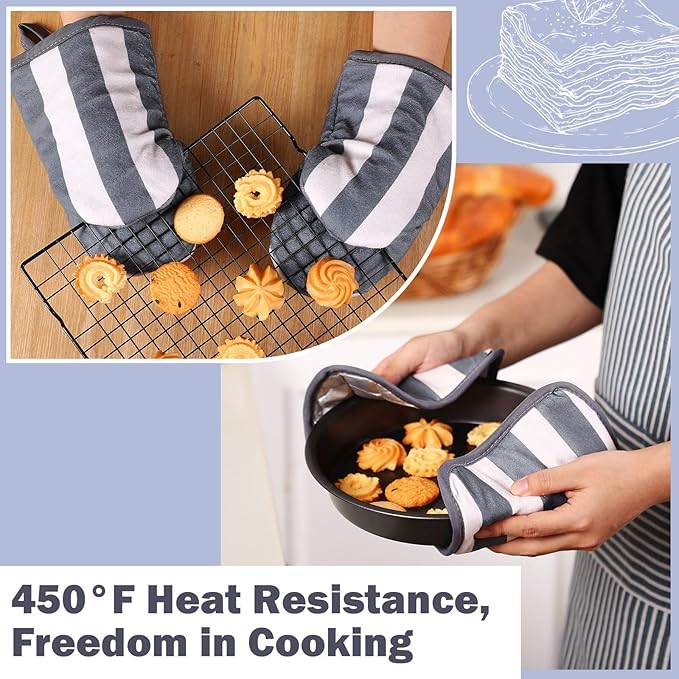 Reallnaive Oven Mitts and Pot Holders 4 Pcs Set for Kitchen, Stripe Cotton Oven Mitten Gloves Hot Pads Heat Resistant 500°f Outdoor Indoor Garden Baking Cooking BBQ Gift Hanging Loop, Beige (Gray)