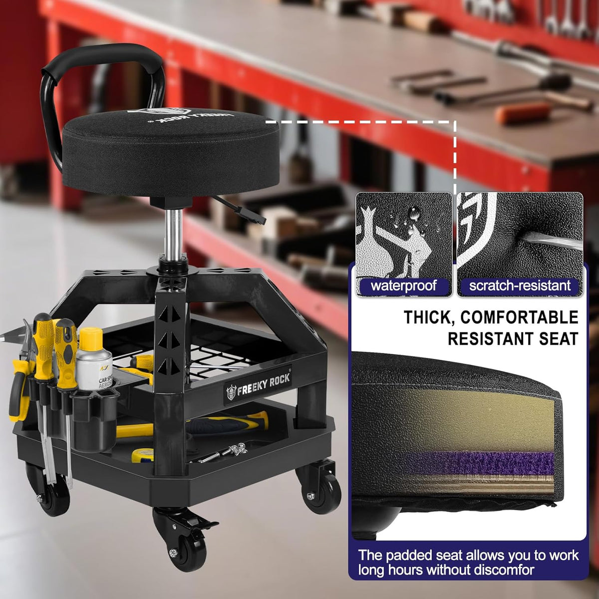 Rolling Shop Stool with Wheels, Heavy Duty Garage Work Mechanic Stool with Backrest, Adjustable Height 360°Swivel Rolling Chair with Tool Tray Storage, 330 LBS Capacity, Black