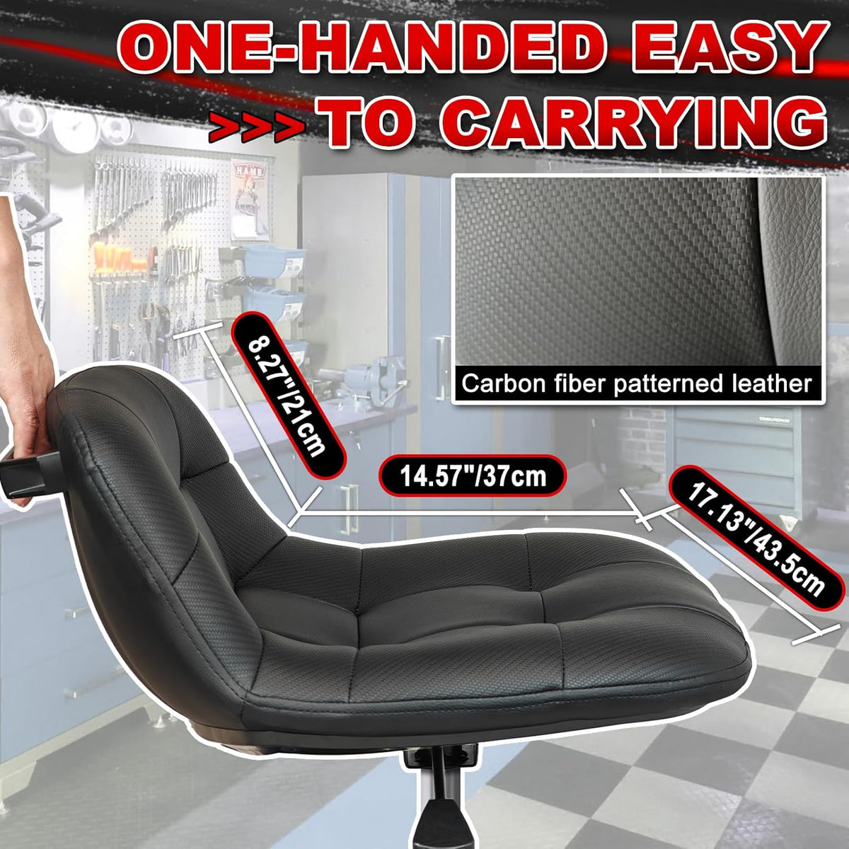 Rolling Stool with Wheels, Adjustable Height Pneumatic Garage Work Mechanic Stool Seat with Backrest, 400 LBS Capacity 360° Swivel Mechanic Crepper Chair with Tool Tray Storage, Black
