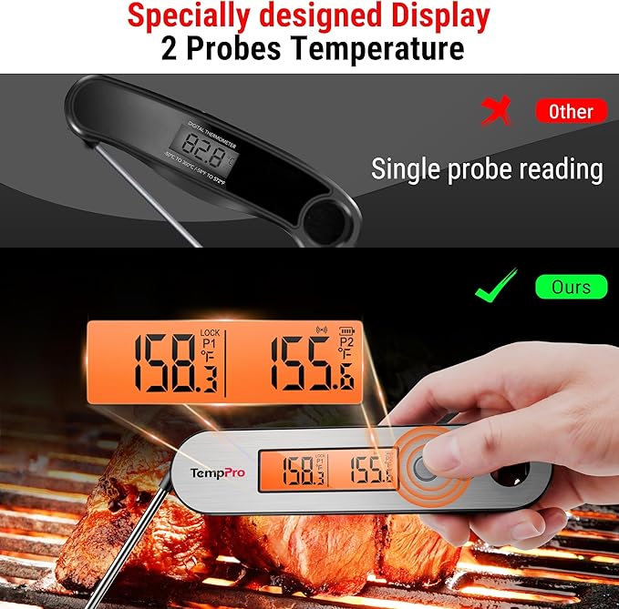 TempPro TP610 Rechargeable Instant Read Thermometer for Cooking, Stainless Steel Meat Thermometer Digital with Alarm, Waterproof Cooking Thermometer for Grill, Smoker, BBQ, Oven(Previously ThermoPro)