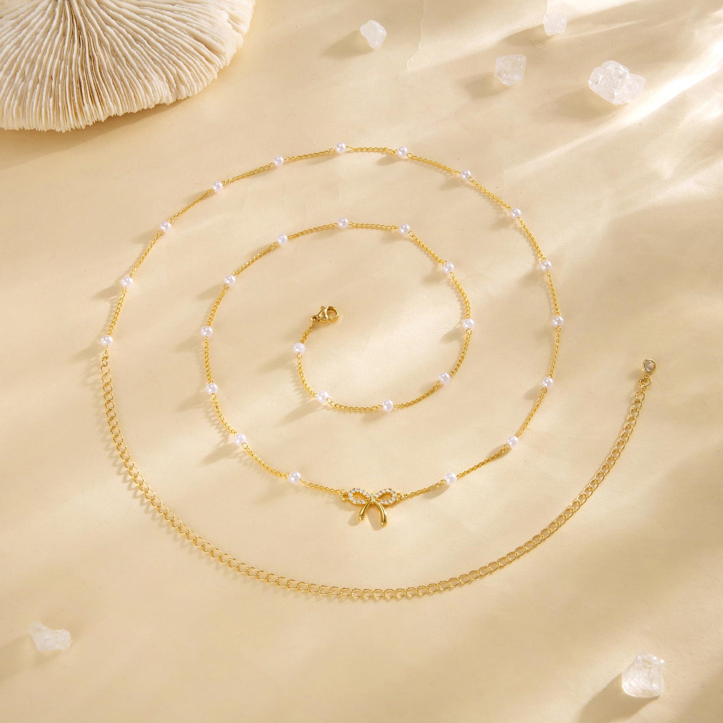 CHESKY Gold Waist Chain, 14k Plated Pearl Body Chain Jewelry for Women Non Tarnish Adjustable Belly Chain Waterproof Waist Beads for Womens Dainty Chain Belt Gold Bow Prom Jewelry for Women
