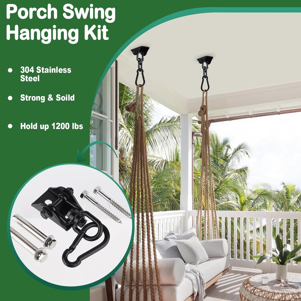 Hammock Hanging Kit 2 Pack, Porch Swing Hanging Kit 1200 Lb Capacity, Hammock Ceiling Hooks Heavy Duty 360°Rotating Hanging Swing Chair Hardware for Hammock Chair Stand, Porch, Yoga, Gym