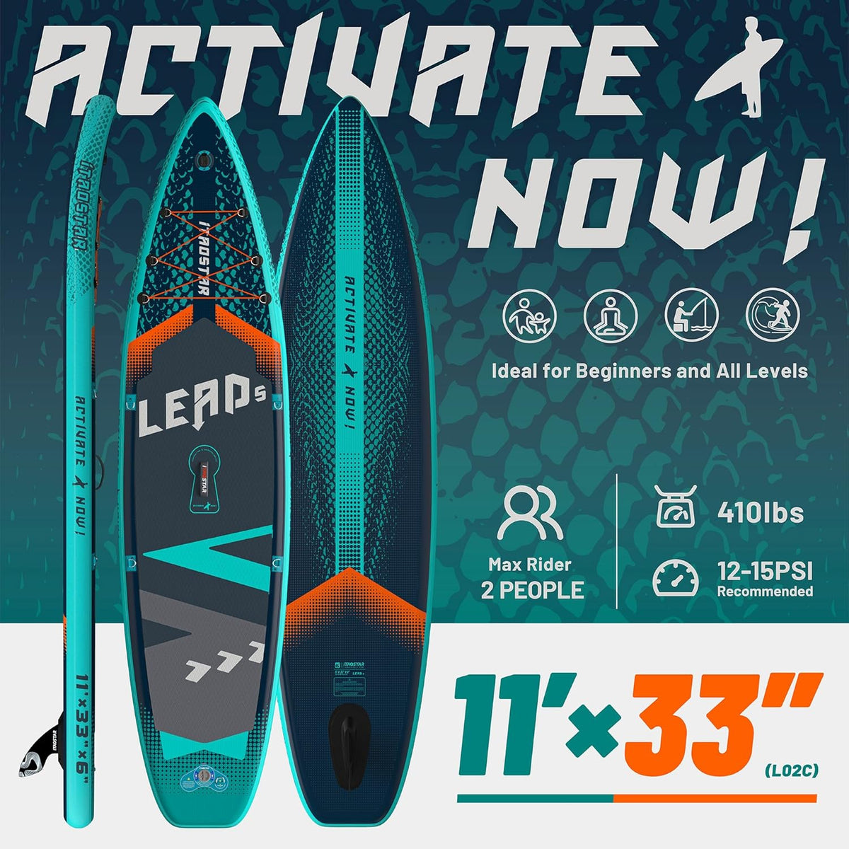 Lead 11‘ x 33" / 12’×35" Inflatable Stand Up Paddle Board - Premium SUP Board Kit - Ultra Stable Paddleboard for Adults & Youth - All Skill Levels - for Lakes, Oceans