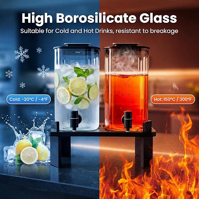 2 PCS 3 Gallon Drink dispenser, Glass Beverage Dispenser With Wood Stand, Large Water Drink Dispensers For Spa, for bars, office waiting room beverage dispenser modern Black